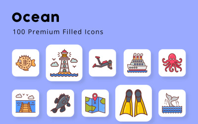 Océano 100 iconos rellenos premium