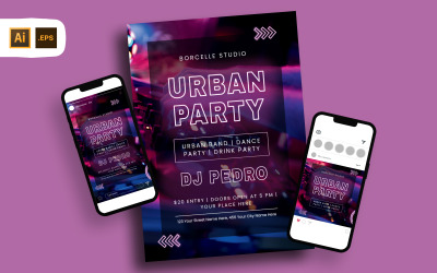 蓝色紫色DJ城市派对的模型传单