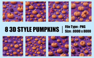 Tonos de cosecha en 3D: calabazas vibrantes y frutas de otoño sobre un impresionante fondo morado