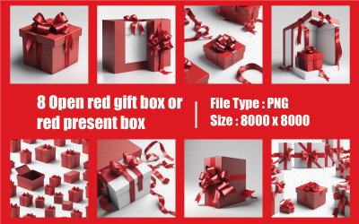 8套打开的红色礼品盒或红色礼品盒与红色丝带和绝缘蝴蝶结在白色背景