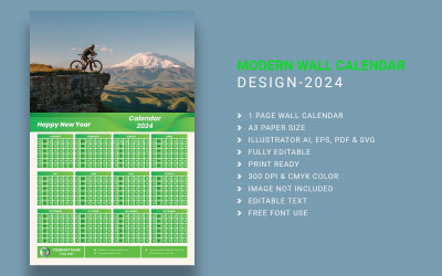 Modernes einseitiges grünes Wandkalender-Vorlagendesign für 2024