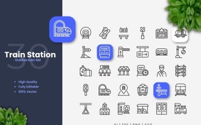 30 Train Station Outline Icons Set