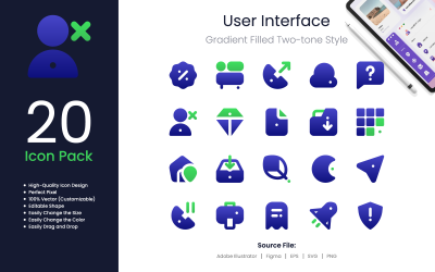 Användargränssnittsikonpaket Gradientfylld tvåtonsstil 2