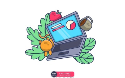 笔记本电脑与苹果水果和咖啡矢量插图
