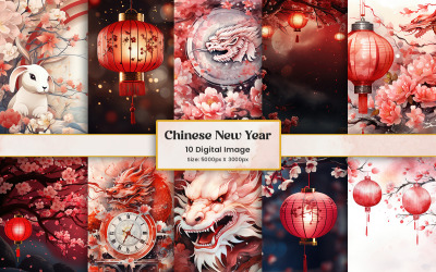 中国新年背景套装，彩灯、龙等具有中国特色的节日装饰质感
