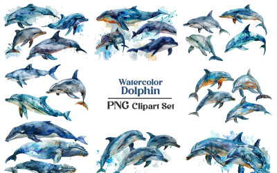 一套手绘水彩海洋动物鲸鱼或海豚