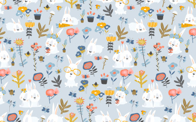 Vector Seamless Pattern of Cute Cartoon Bunnies