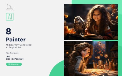 3D Pixar Character Child Girl Painter with relevant environment Set