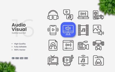 16 Audio Visual Outline Icon Set