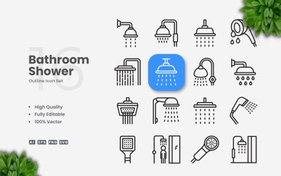 16 Bathroom Shower Outline Icon Set