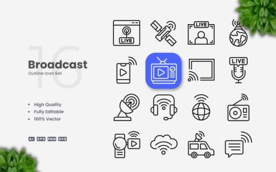 16 Broadcast Outline Icon Set