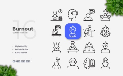 16 Burnout Outline Icon Set