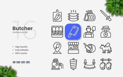 16 Butcher Outline Icon Set