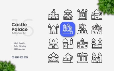 16 Castle Palace Outline Icon Set