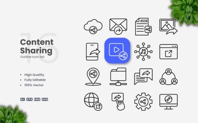 16 Conjunto de ícones de contorno de compartilhamento de conteúdo