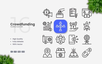 16 Crowdfunding Outline Icon Set