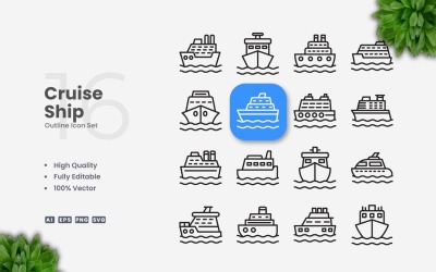 16 Cruise Ship Outline Icon Set