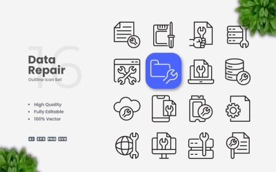 16 Data Repair Outline Icon Set