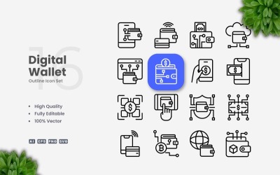 16 Digital Wallet Outline Icon Set