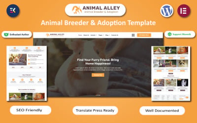 Animal Alley - Hayvan Yetiştiricisi ve Evlat Edinme WordPress Elememtor Şablonu