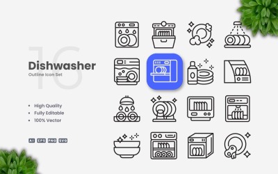 16 Dishwasher Outline Icon Set