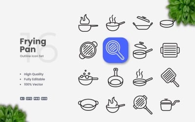 16 Frying Pan Outline Icon Set