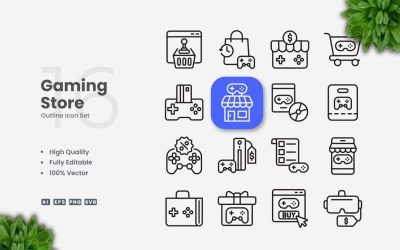 16 Gaming Store Outline Icon Set