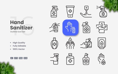 Ensemble de 16 icônes de contour de désinfectant pour les mains