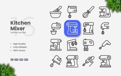 16 Kitchen Mixer Outline Icon Set