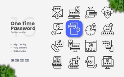 Ensemble d&amp;#39;icônes de contour de mot de passe à usage unique de 16