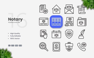 16 Notary Outline Icon Set