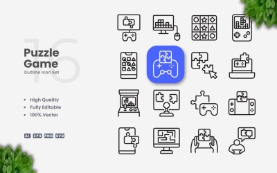 16 Puzzle Game Outline Icon Set