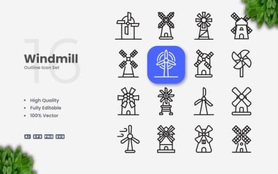 16 Windmill Outline Icon Set