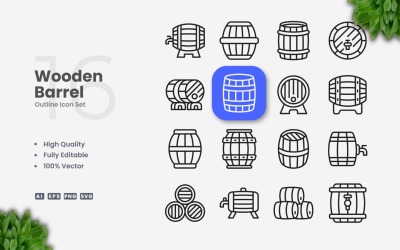 16 Wooden Barrel Outline Icon Set