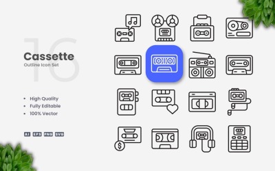 16 Cassette Outline Icon Set