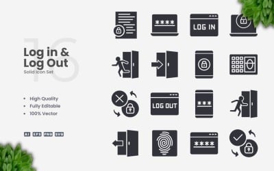 16 Conjunto de ícones sólidos de login e logout