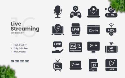 16 Live Streaming Solid Icon Set