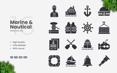 16 Marine and Nautical Solid Icon Set