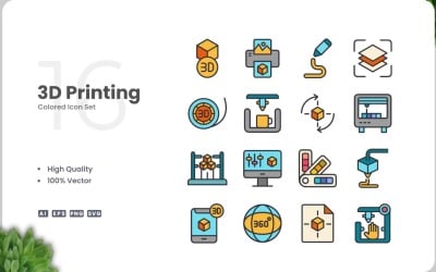 16 3D Printing Color Icon Set