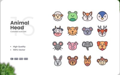 16 Animal Head Color Icon Set