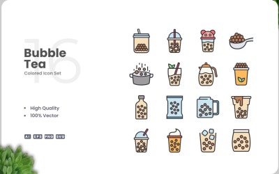 16 Bubble Tea Icon Color Set