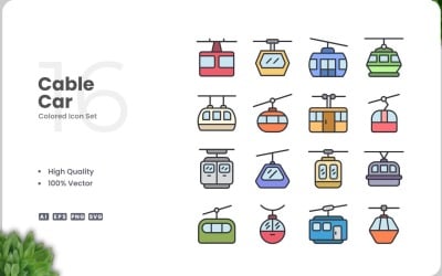 16 Cable Car Icon Color Set