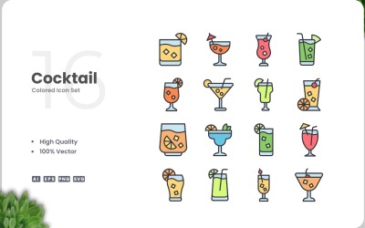 16 Cocktail Icon Color Set