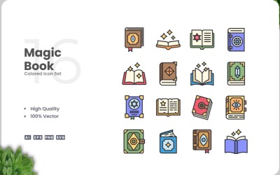 16 Magic Book Colored Icons Set