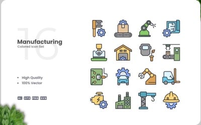 16 Manufacturing Colored Icons Set