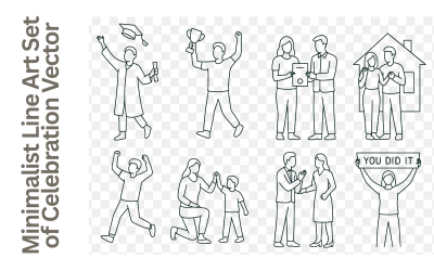 Set di illustrazioni lineari minimaliste di momenti di successo, laurea e realizzazione, pacchetto vettoriale di celebrazione