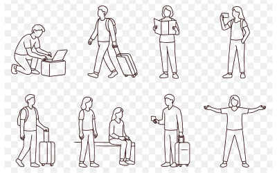 Set di illustrazioni lineari minimaliste di turisti, viaggiatori ed esploratori, bagagli e avventure in città