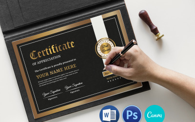 Modelo de certificado preto e dourado, Psd, Word e Canva