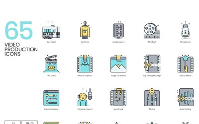 65 Ícones de Produção de Vídeo - Conjunto da Série Aqua