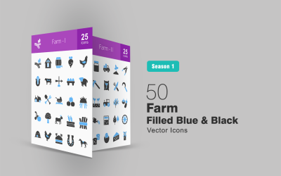 50 Farm Filled Blue &amp;amp; Black Icon Set